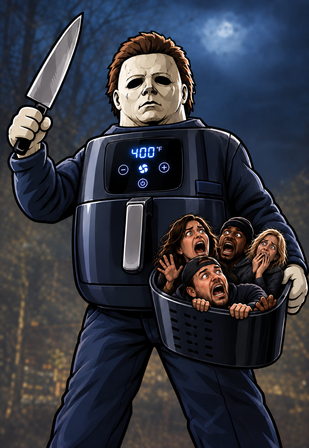Michael Fryers holding a knife and an air fryer full of terrified traders